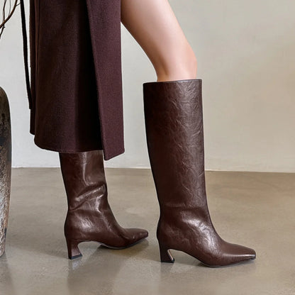 Women’s Genuine Leather Knee-High Boots – 5.5cm Thin Heel, Square Toe Slip-On Autumn Long Boots