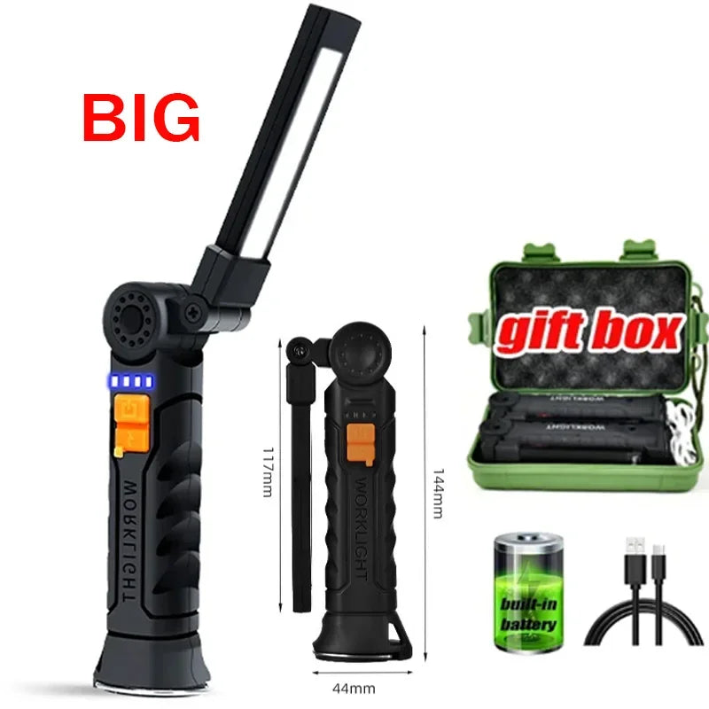Portable COB LED Work Light - USB Rechargeable Magnetic Flashlight Camping Lantern with Hanging Hook