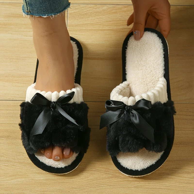Autumn Winter Plush Bow Slippers – Cute Warm Fluffy Indoor Slides for Women & Men