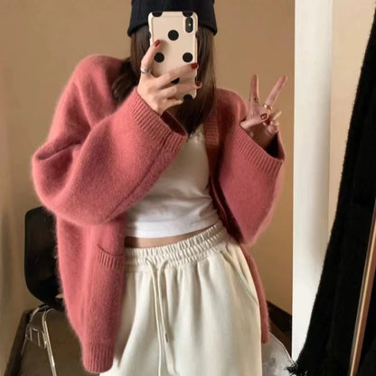 Korean Black V-Neck Knitted Cardigan – Single-Breasted Long Sleeve Loose Casual Women’s Sweater