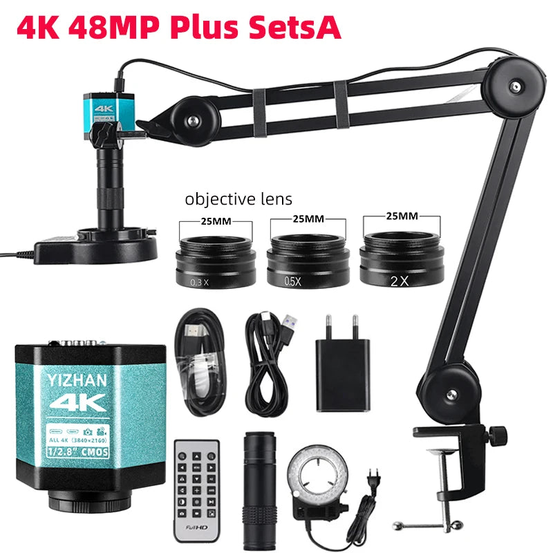 1080P 4K Industrial Microscope – 150X C-Mount Lens with 48MP/13MP Digital Camera, HDMI/USB-C/VGA for PCB Soldering & DIY