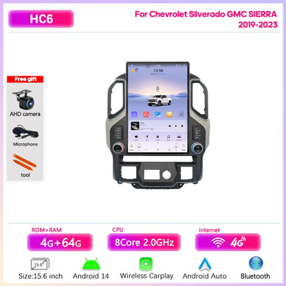 15.6" Car Multimedia Player - GPS Navigation, CarPlay, Android Auto, 4G & WiFi for Chevrolet Silverado & GMC Sierra 2019-2023