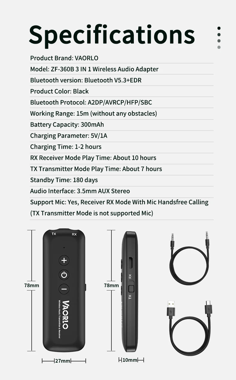 3 in 1 Bluetooth 5.3 Audio Receiver & Transmitter – 3.5mm AUX, USB Wireless Adapter with Mic for TV, PC, Headphones & Car
