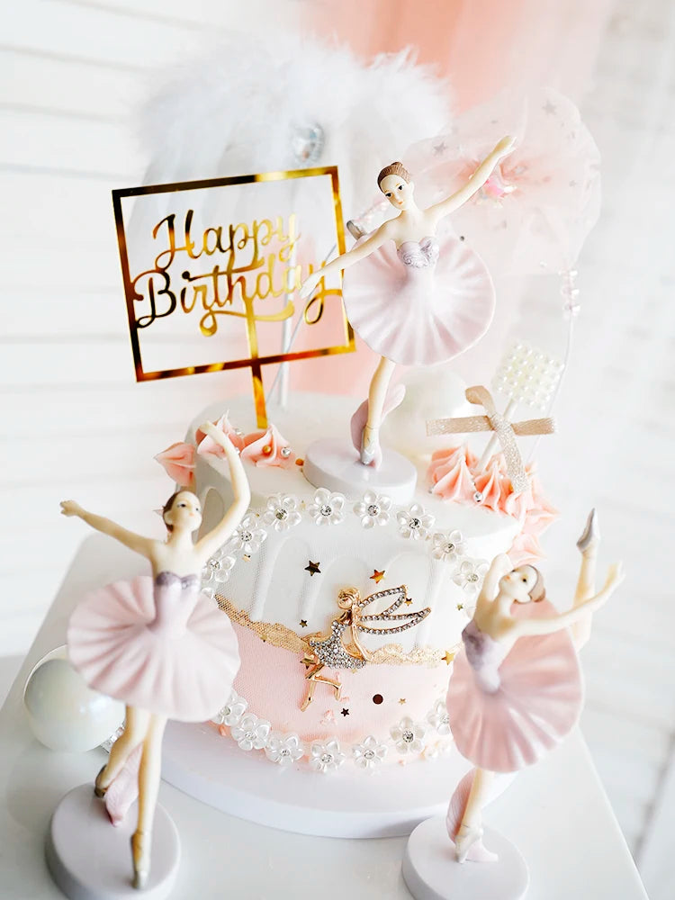 Ballerina Girl Cake Decoration - Pink White Hairball Balloon Cake Toppers for Wedding Birthday Party Decor - Kids' Favor for Baking