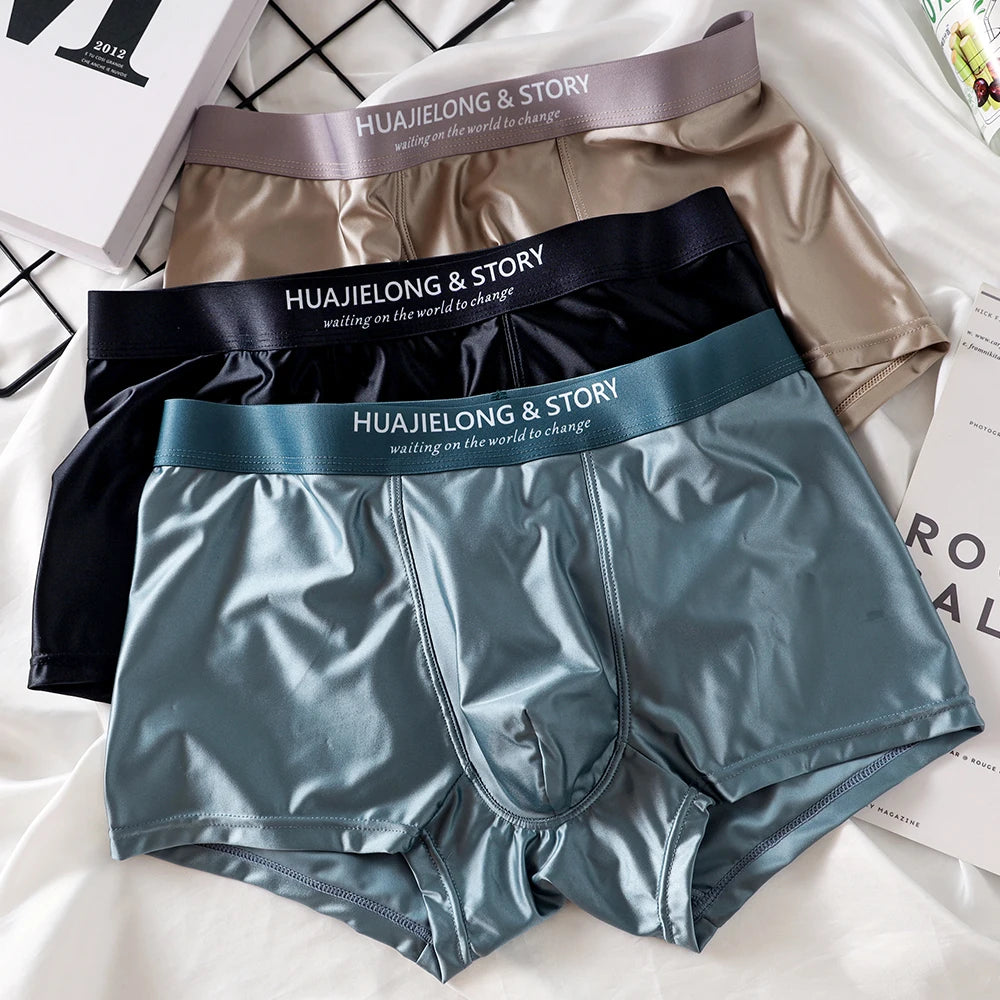 3PCS Luxury Ice Silk Satin Boxers — Summer Smooth, Cool Solid Men’s Underwear with Breathable Mesh Crotch