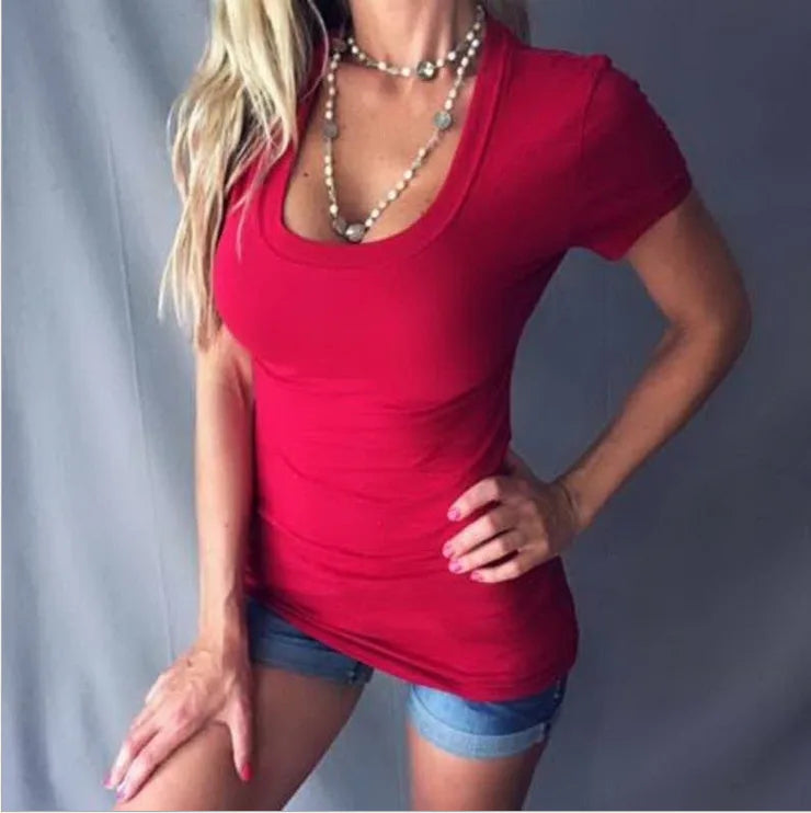 Women’s Summer Slim T-Shirt – Solid Color Deep V-Neck Sexy Short Sleeve Casual Top TXGL027