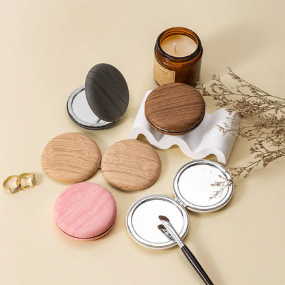 Faux Wood Round Folding Makeup Mirror - Lightweight Compact Vanity & Travel Cosmetic Mirror