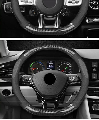 Universal Carbon Fiber Leather Steering Wheel Cover — 3D Anti-Slip, Stylish Car Accessory