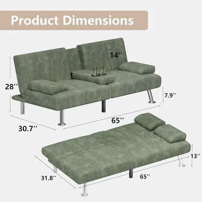 Modern Corduroy Futon Sofa Bed with Cup Holders & Removable Armrests – Folding Recliner Lounge, Green