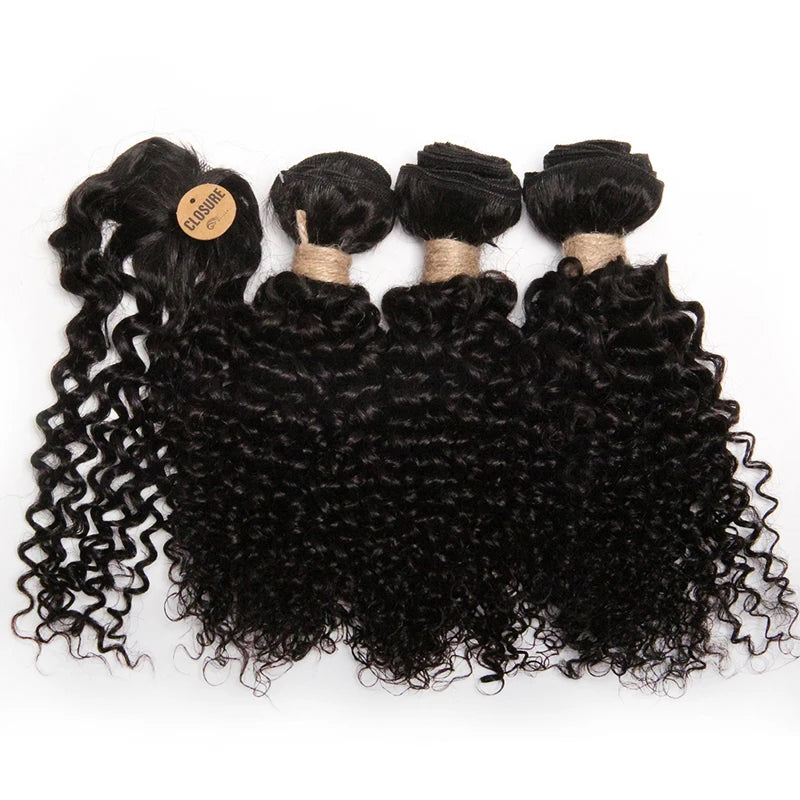Kinky Curly Human Hair Bundles with Closure – Short Indian Hair Bundles with Circular Closure