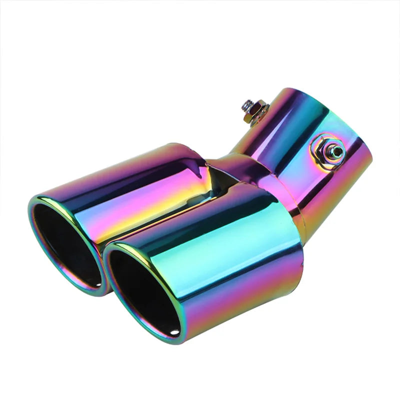 2.5" Chrome Tail Pipe Exhaust Trim, Stainless Steel Double Outlet Muffler for Car Styling - Curved Inlet Decoration