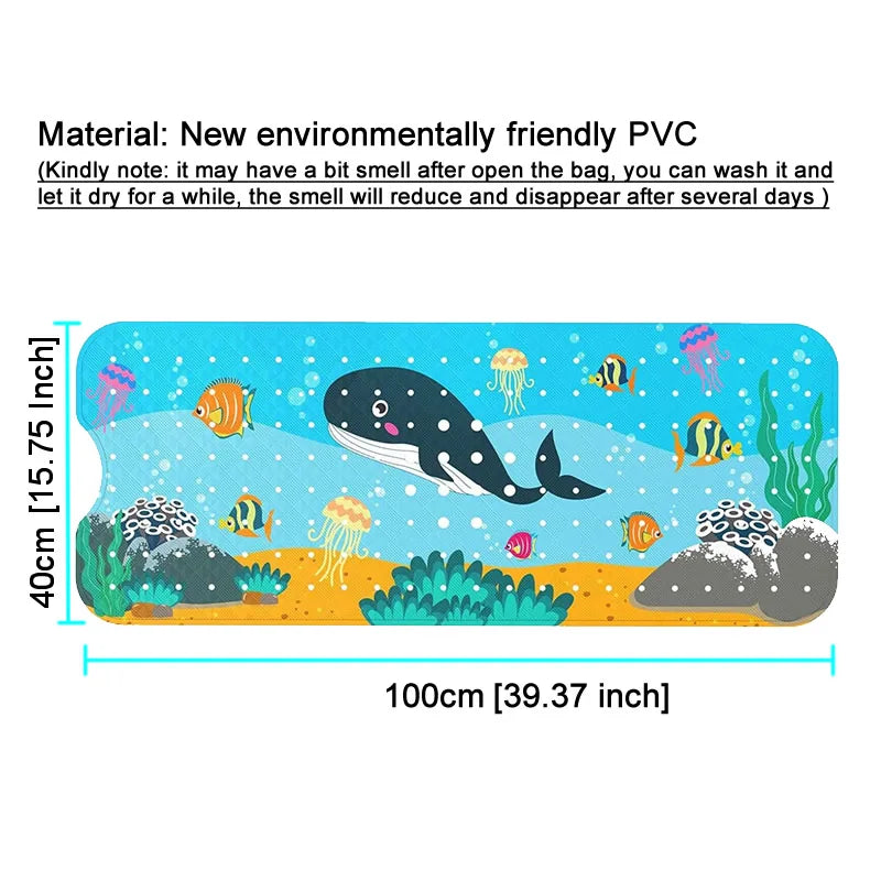 40x100cm Cartoon Sea World Anti-Skid Bath Mat – Soft Non-Slip Shower Mat with Suction Cups for Kids & Elderly