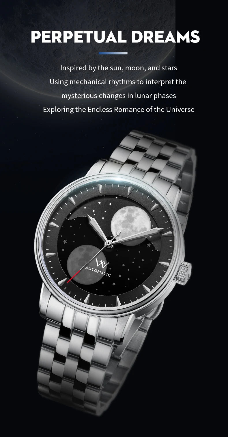 WM Welly Merck Automatic Mechanical Men's Watch — Lunar Moon Phase, Sapphire, Waterproof, Luminous Twin Moons WM142