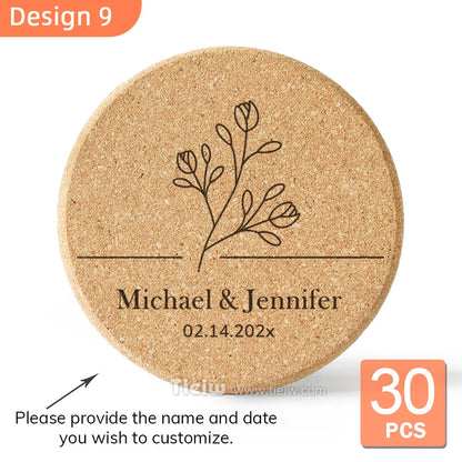 30-Piece Personalized Cork Coaster Set - Custom Tie Design Wedding Favors, Bridal Shower Gifts and Corporate Party Keepsakes