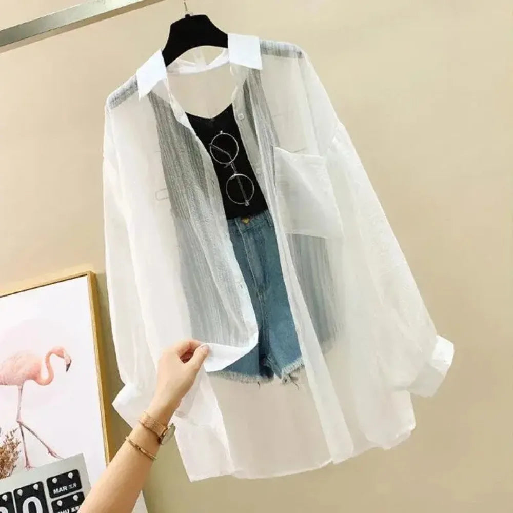 Summer Sunscreen Shirt – Elegant Thin Chiffon Korean Harajuku See-Through Loose Blouse & Casual Women’s Cardigan