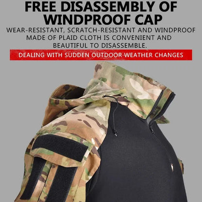 Men’s Tactical Camo Hooded Combat Shirt – Durable Cotton Airsoft & Paintball Hunting Outdoor Wear-Resistant Military Style T-Shirt