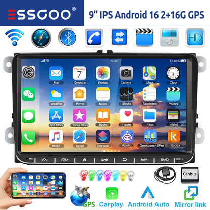 9" Android 15 Car Stereo - 6GB+128GB Wireless CarPlay GPS WiFi Bluetooth FM for VW