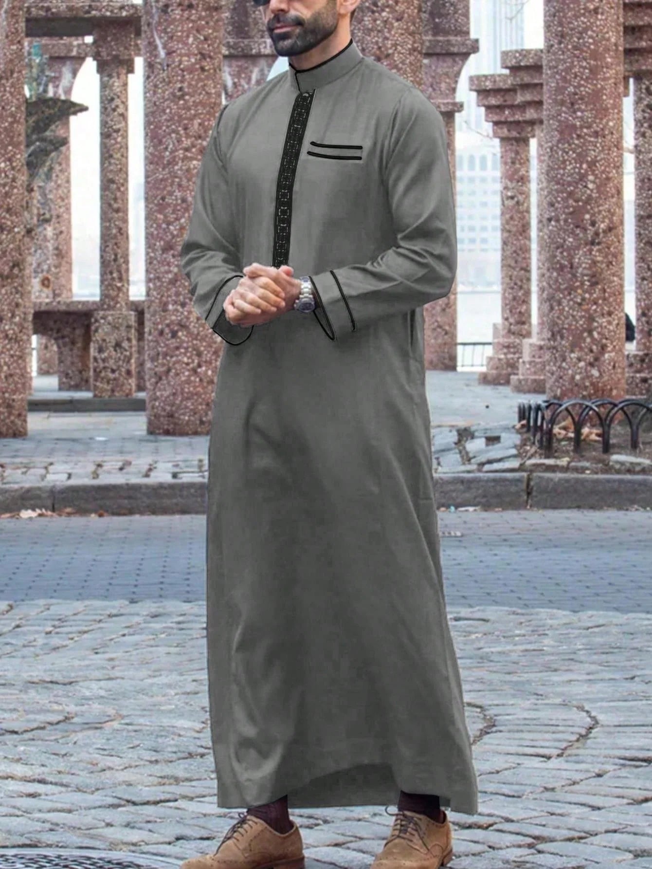 Men’s Embroidered Arabian Thobe - Traditional Islamic Long Sleeve Robe with Stand Collar