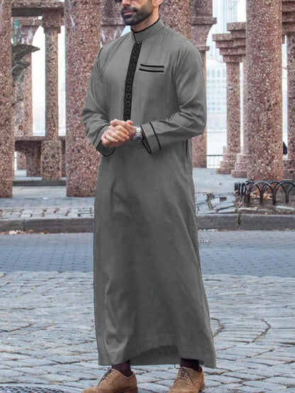 Men’s Embroidered Arabian Thobe - Traditional Islamic Long Sleeve Robe with Stand Collar