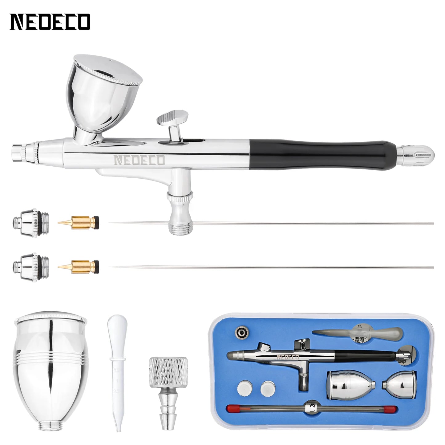 Dual-Action Airbrush with Auto-Centering Nozzle, 7cc/13cc Cups, 0.2/0.3/0.5mm Needles for Modeling, Makeup, Nail Art & Painting