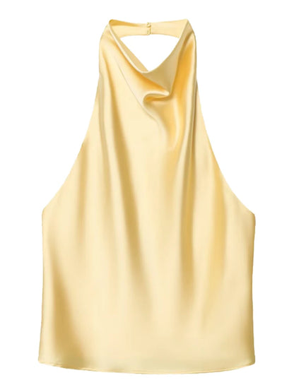 Women's Satin Halter Corset Top – Backless Elegant Sexy Summer Tank Vest in Yellow Pink Black
