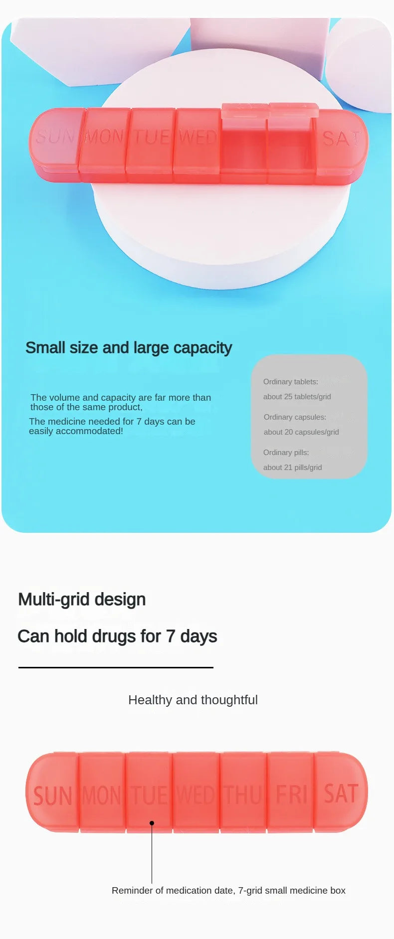 Weekly Medicine Pill Box – Mini Portable 7-Grid Organizer, Pill Case & Tablet Storage Container