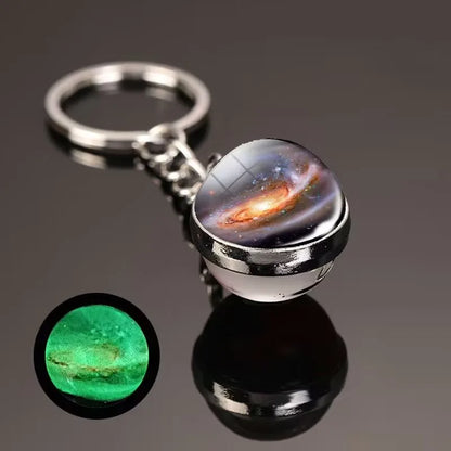 Glow in the Dark Solar System Keychain – Luminous Nebula Planet Key Ring with Moon, Earth, Sun, Double-Sided Glass Ball