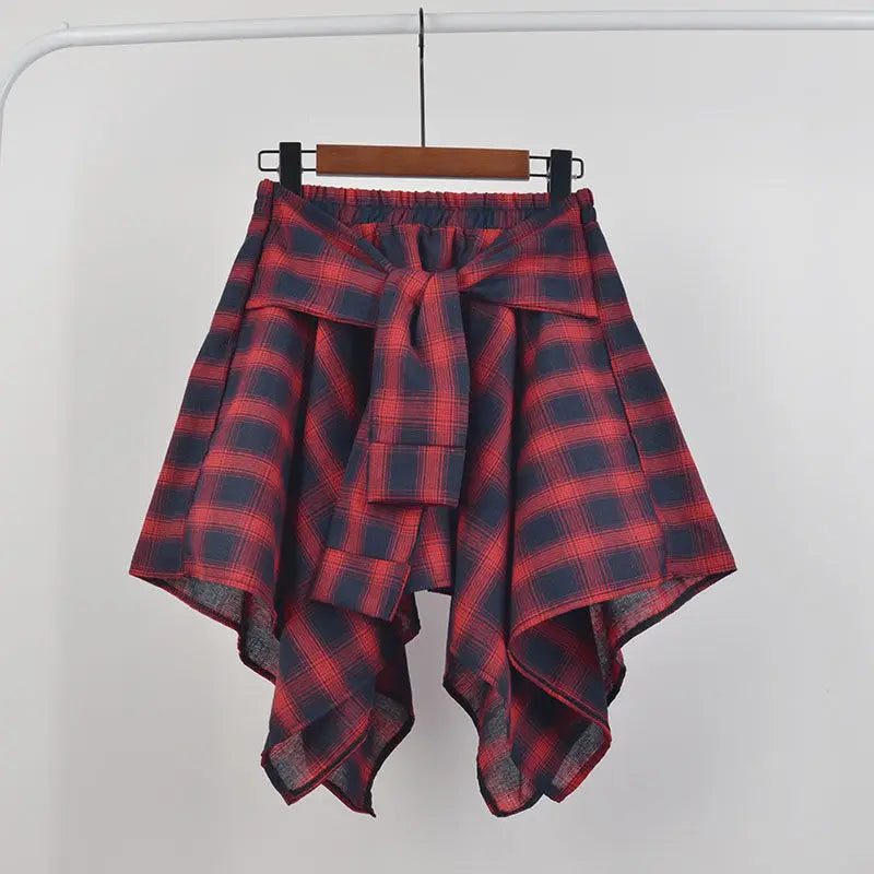 Summer Casual Retro Women’s Mini A-Line Skirt – Blue White Lattice Bow-Knot Elastic Waist Short Skirt