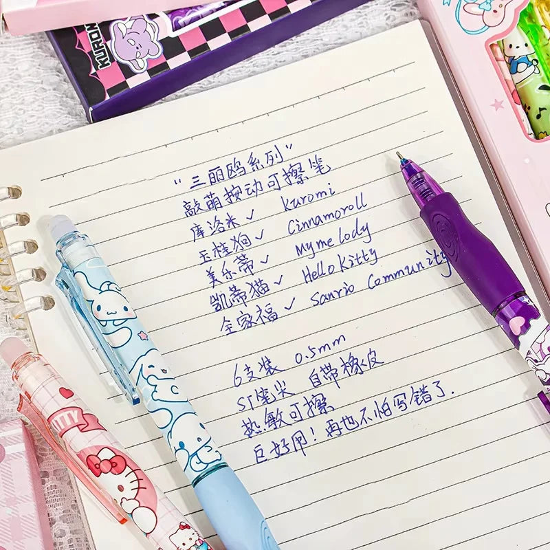 6PCS Sanrio Erasable Gel Pens – Pochacco, Kuromi, Cinnamoroll & Hello Kitty Neutral Ballpoint Pens for Students & Office