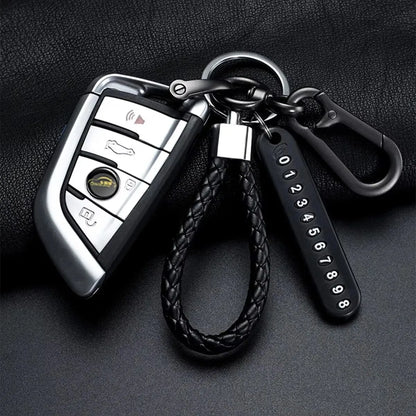 Trendy DIY Mobile Number Plate Keychain – Men’s Punk Woven Leather Rope, Anti-Lost Car Keychain Accessory