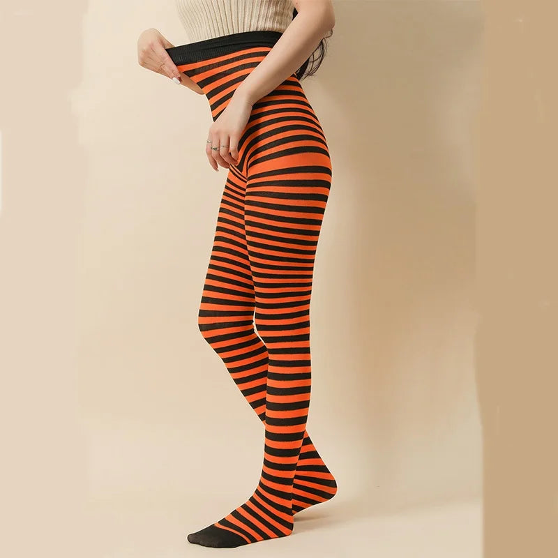 Goth Punk Women’s Rainbow Striped Pantyhose – High Waist Slim Leggings for Halloween Christmas Cosplay