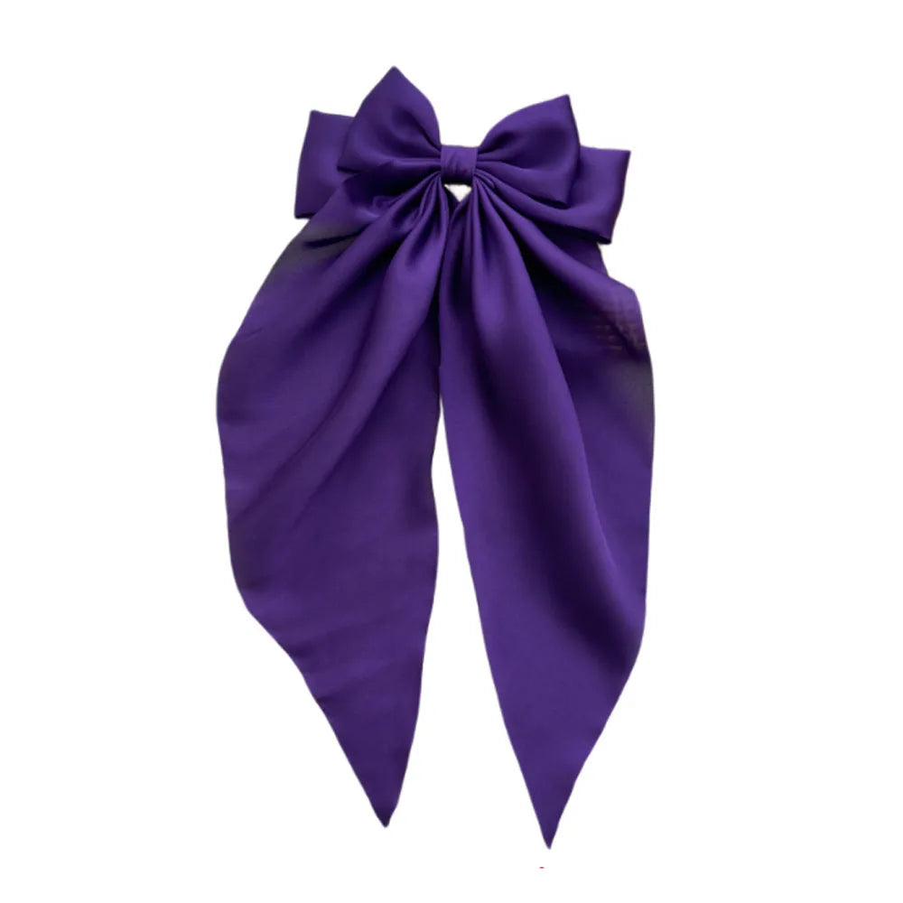 Ladies Satin Oversized Ribbon Bow Hair Clip – White, Pink, Red, Blue, Black, Long Tail Spring Clip for Ponytail Hair Accessories