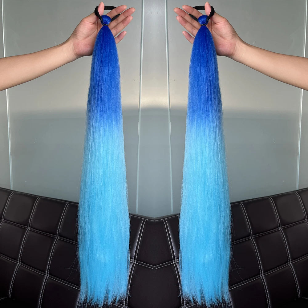 2PCS Synthetic Straight Ponytail Hair Extensions – Colorful Braiding with Elastic Hair Tie for Women
