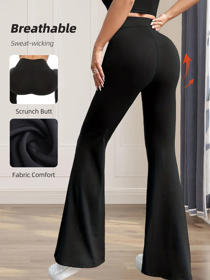 Women's High-Waisted Flared Pants - Slim-Fit Lightweight Wide-Leg Black Trousers