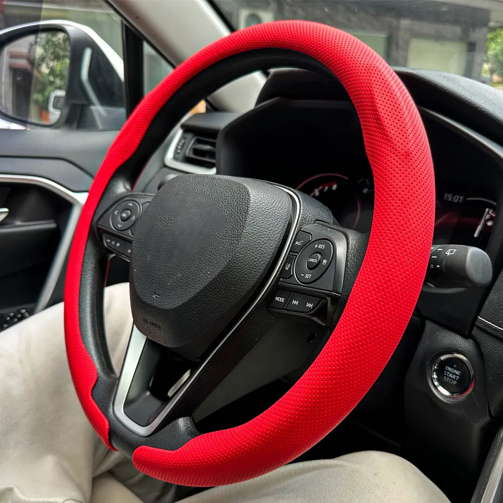 Universal Leather Steering Wheel Cover - Non-Slip Breathable Protector for 36-38cm Car Steering Wheels