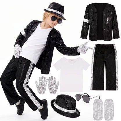 Michael Jackson Kids Costume - Pop Star Halloween Cosplay Dance Performance Outfit for Boys & Girls