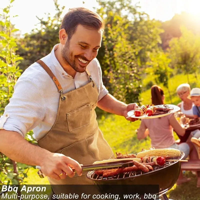 Household Canvas Apron – Oil-Proof Kitchen Cooking Apron with Tool Pockets for Men & Women