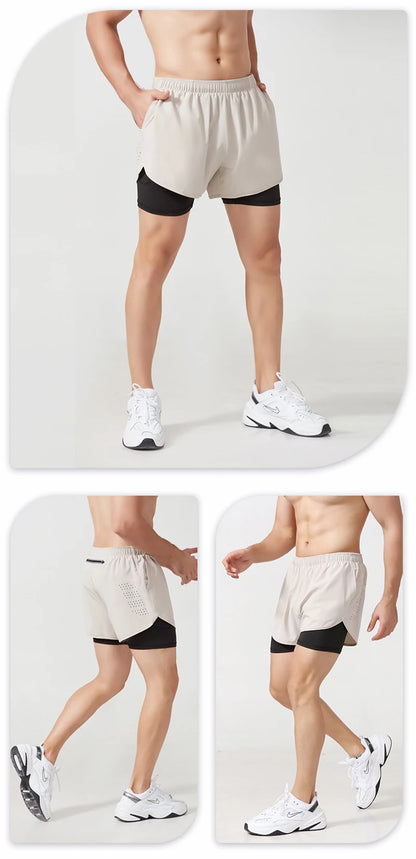 Men’s Quick-Dry Running Shorts — Black Double Layer Sport Workout Training Bodybuilding Shorts