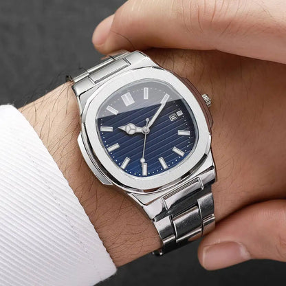 Luxury Men’s Business Watch - Square Dial Stainless Steel Quartz Watch with Calendar