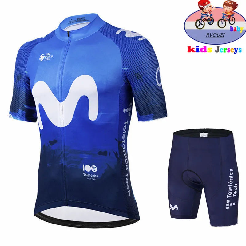 Kids Cycling Jersey Set - Baby Movistar Team Style Road Bike Shirt and Pants Suit for Boys and Girls MTB Riding