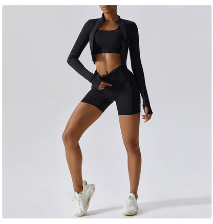 3PCS Women’s Yoga & Workout Set – Long Sleeve Zipper Top with High Waist Leggings Fitness Sportswear