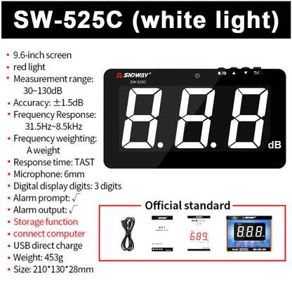 SNDWAY SW-525 Sound Level Meter — Wall-Mounted Digital Noise & Decibel Detector 30-130dB Professional dB Meter