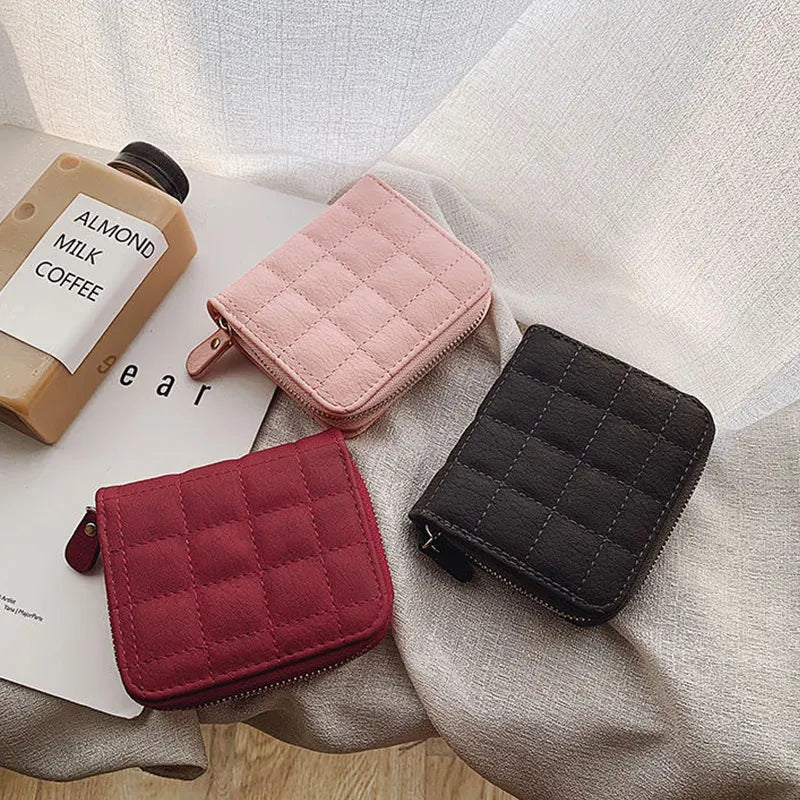 Women’s Small PU Leather Zipper Wallet with Coin Purse – Cute Plaid Mini Korean Card Holder, New Arrival