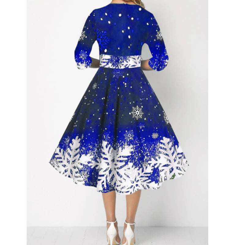Women’s Winter Christmas Dress – Vintage Swing Robe with Half Sleeves, Elegant Casual Print Party Dress