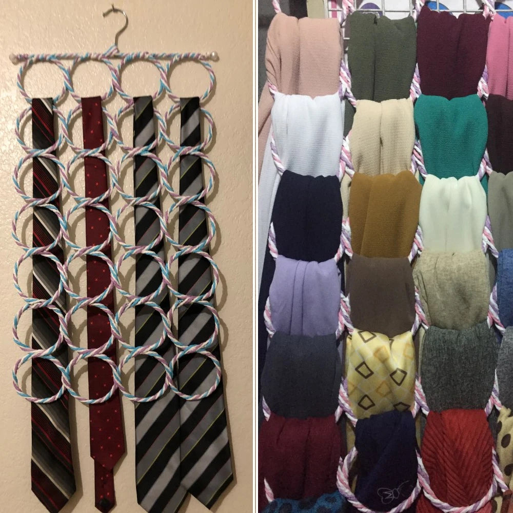 28-Hole Foldable Scarf Organizer - Rattan Weave Tie, Belt, and Shawl Hanger, Wardrobe Storage Display Rack