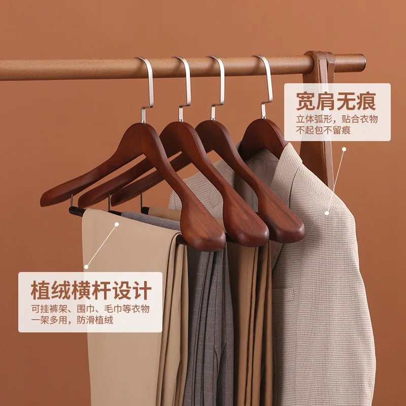Multifunctional Wooden Coat Hanger — Retro Wide-Shoulder Flocking Rod for Clothes Drying & Closet Organization