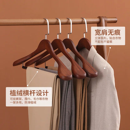 Multifunctional Wooden Coat Hanger — Retro Wide-Shoulder Flocking Rod for Clothes Drying & Closet Organization