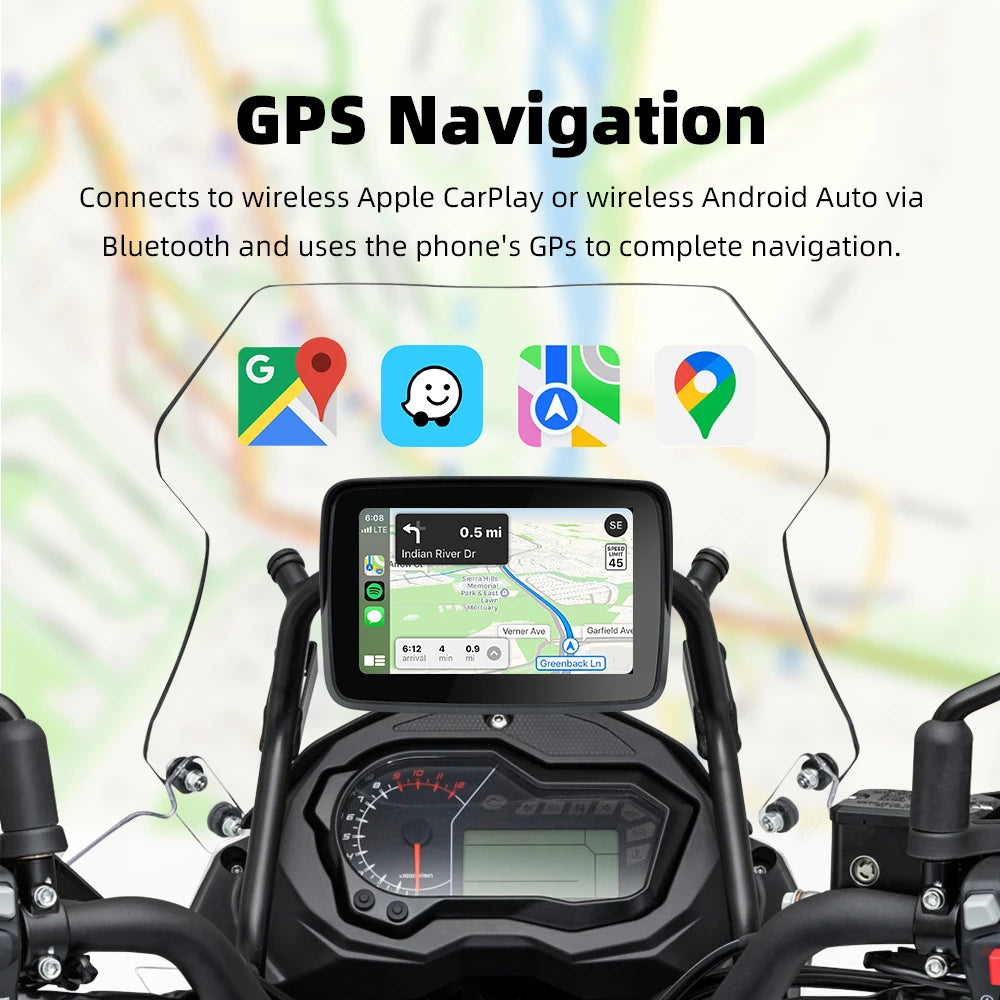 EVKEY MTC13 Motorcycle Navigation Display - Waterproof CarPlay Screen, Portable Wireless Monitor with Android Auto