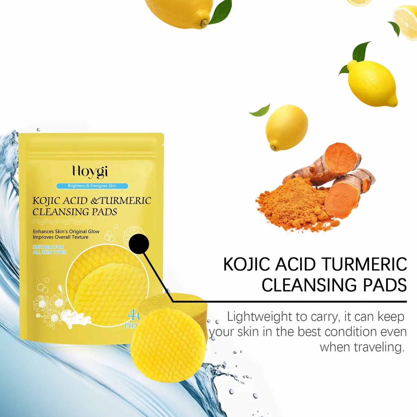 Turmeric & Kojic Acid Facial Cleansing Pads — Lemon Deep Cleanse, Brightening & Whitening Cotton Pads for Face Skincare