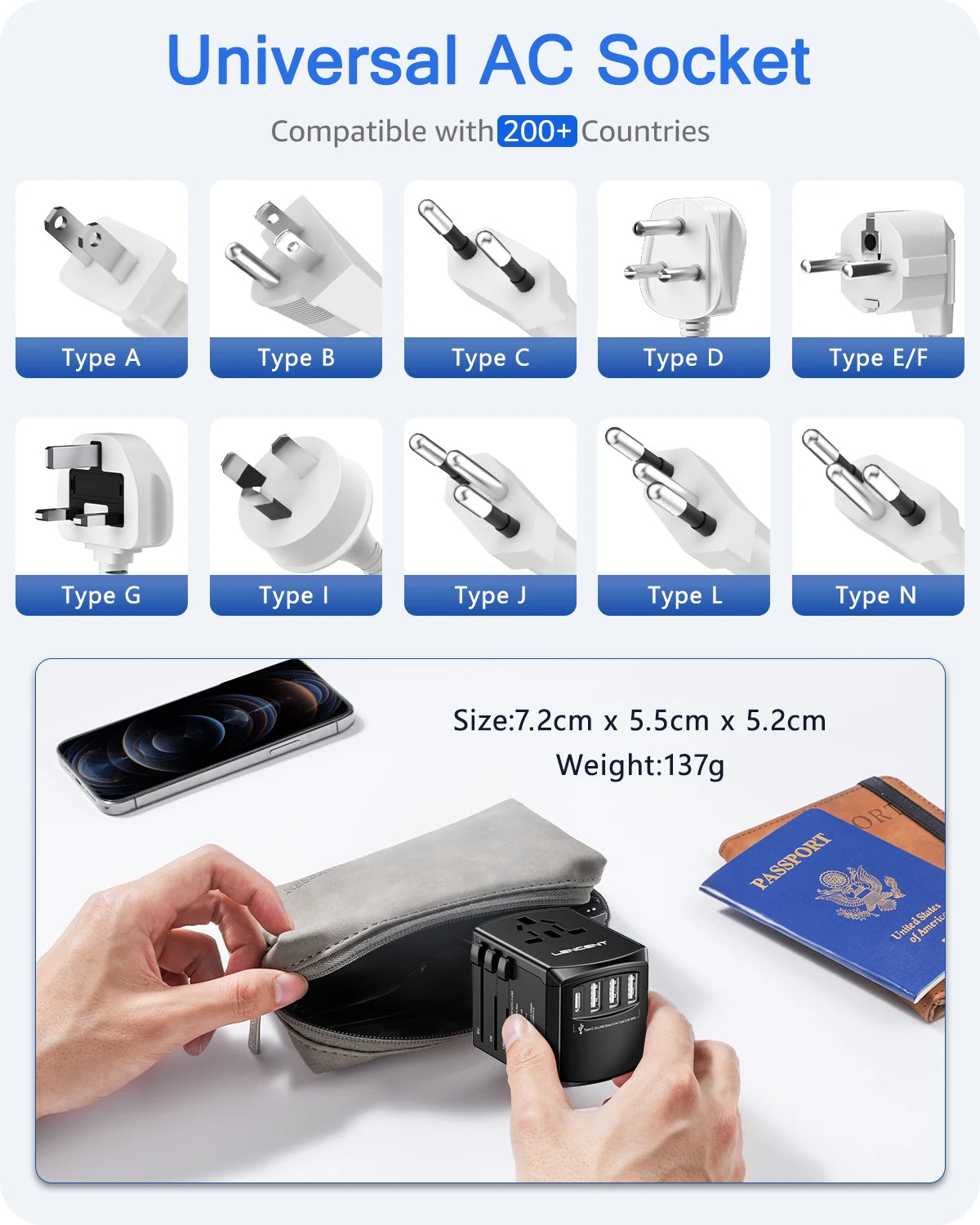 LENCENT International Travel Adapter - All-in-One Wall Charger with 3 USB Ports and 1 Type-C, for US, EU, UK, AUS Travel